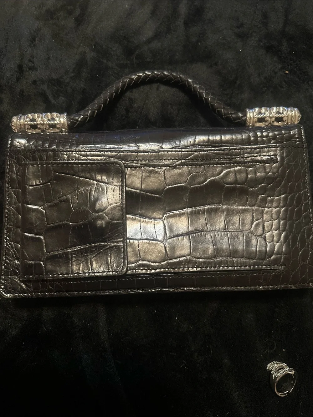 BRIGHTON Black Croc-Embossed Leather Top-Handle Bag Compartments GALORE